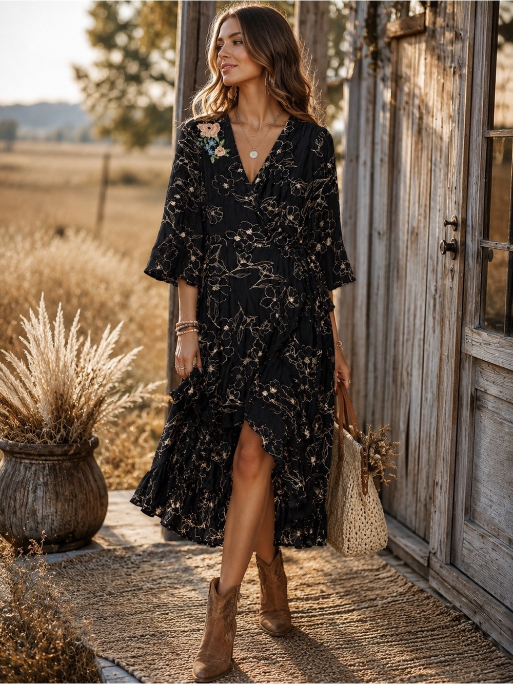 Tribal Boho Floral Patchwork Maxi Dress - Size M